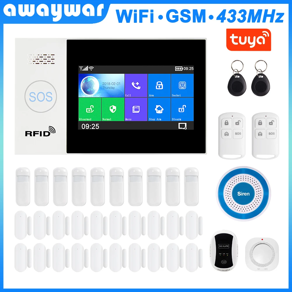 

Awaywar Tuya WIFI GSM home Security smart Alarm System Burglar kit touch screen Tuya APP Remote Control RFID Arm Disarm