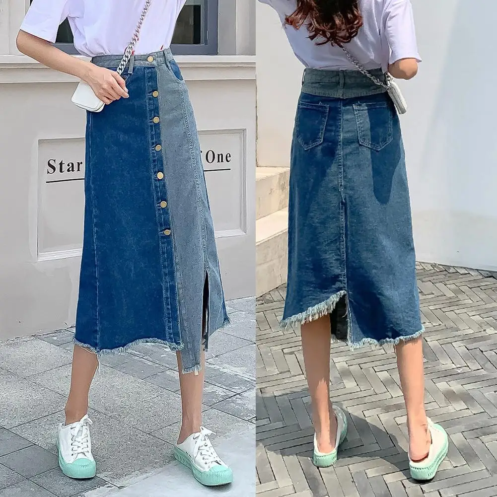 

Women High Waist Irregular Patchwork Front Button Side Split Denim Midi Skirt