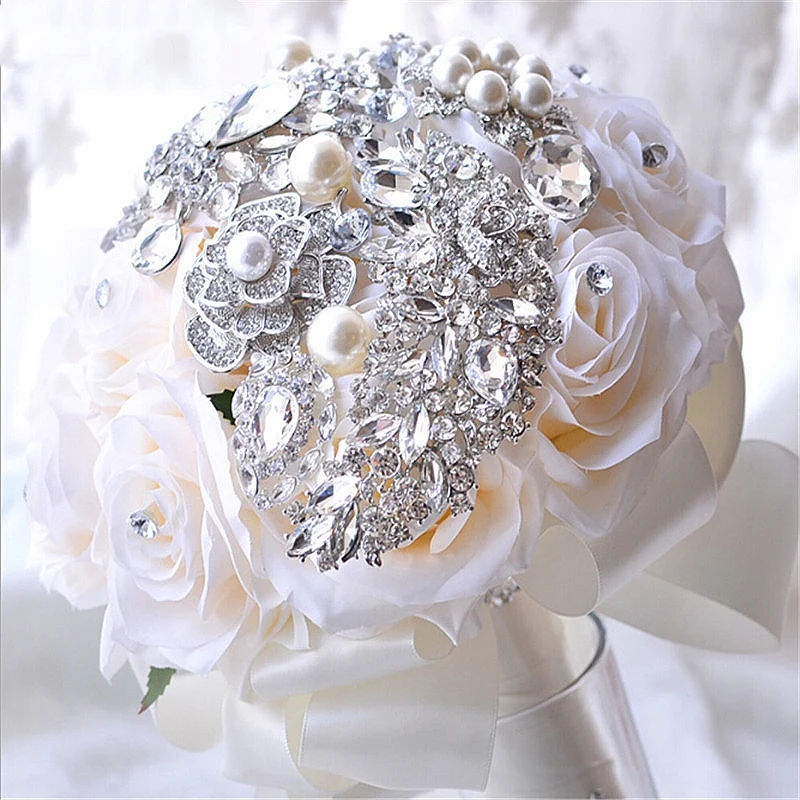 Ivory Purple Hand made Elegant Decorative Artificial Rose Flower Rhinestone Bride Bridesmaid With Crystal Flower