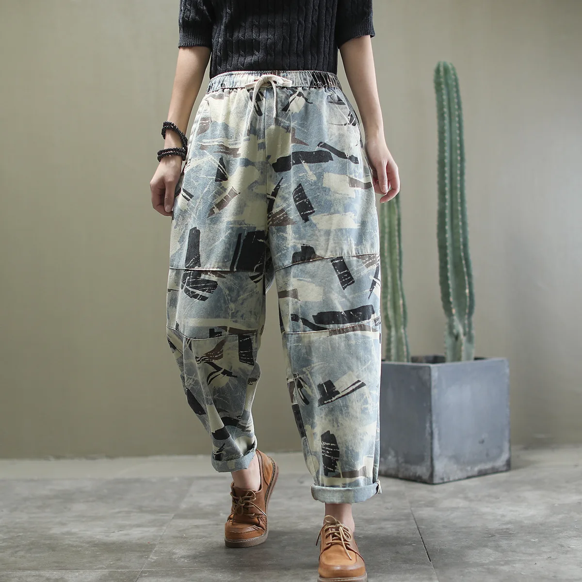 

2020 Spring Number Printing Pants All-match Denim Jeans Female Elastic Waist Ankle Lenght Trousers
