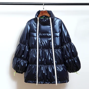 

Short shiny down jacket women 2020 winter Korean fashion blue 90% white duck down double zipper jacket
