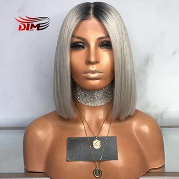 

DLME Ombre Bob Wig 13X3 lace front Grey Silver Short Bob Wigs Remy Brazilian Straight Lace Front Hair Wig For Women