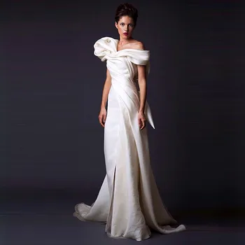 

fast shipping in stock handmade bow beading pleat bridal gown cheap split backless red evening dress