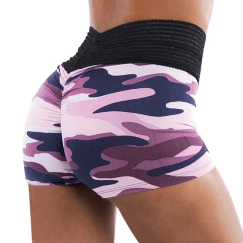 Women Camouflage Print Workout Shorts Knit Stripes Wide Waistband Sport Hot Shorts Lifting Fitness Running Leggings 1