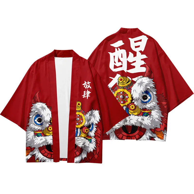 Chinese Dragon Lion Dance Print Shirt Clothing Traditional Haori Cosplay Kimono Women Men Japanese Streetwear Cardigan Yukata