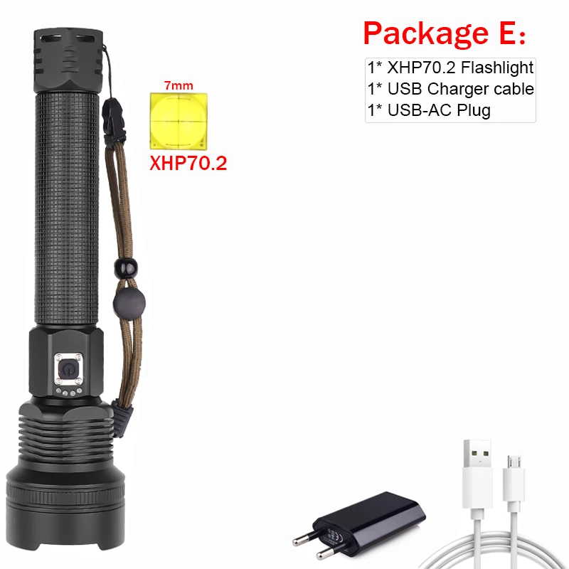 Package E 7500LM самый мощный светодиодный фонарь XHP90, яркий фонарь с зумом XHP70, перезаряжаемая USB лампа, 18650 26650 для кемпинга и охоты - Испускаемый цвет: Package E