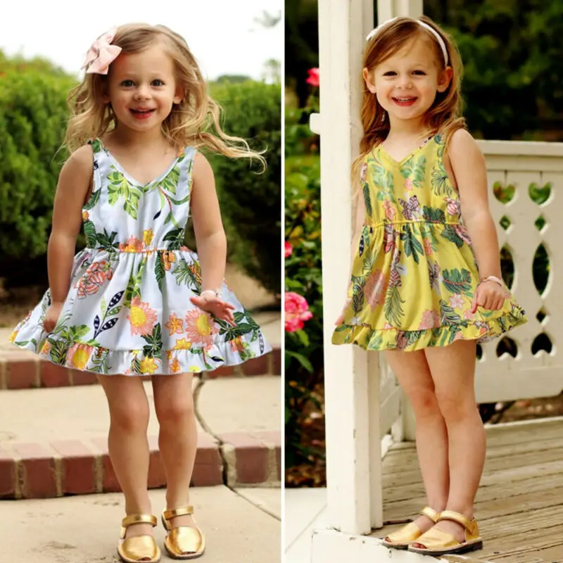 

CANIS Summer Toddler Baby Girl Flower Printed Ruffles Dress Sleeveless Mini Tutu Dress Pageant Party Dress