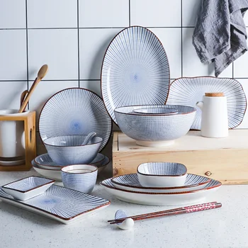 

Classic Simple Striped Ceramic Tableware Set Household Leisure Multi-size Dish Dish Noodle Soup Rice Bowl Fish Plate
