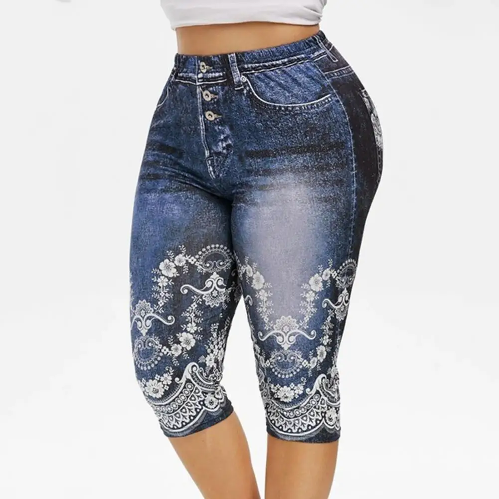 2021summer New Plus Size Women's Fashion False Denim Print Yoga Pants  Stretchy Women High Waist Pockets Capri Pants Bottoms Soft - Shorts -  AliExpress