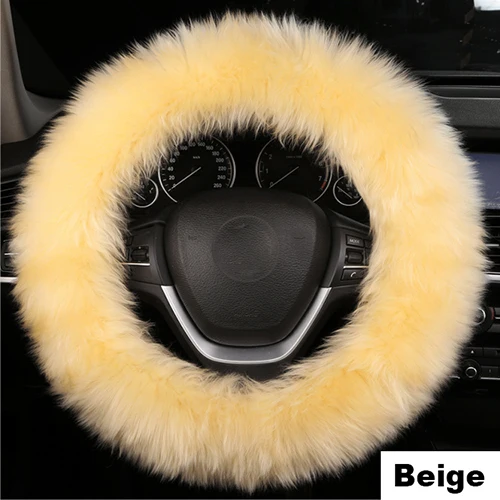 Beige Длинный зимний шерстяной меховой кожаный чехол для рулевого колеса автомобиля для 14,"-15,7" 36-40 см универсальные автомобильные аксессуары теплый ковер мягкий - Название цвета: Beige