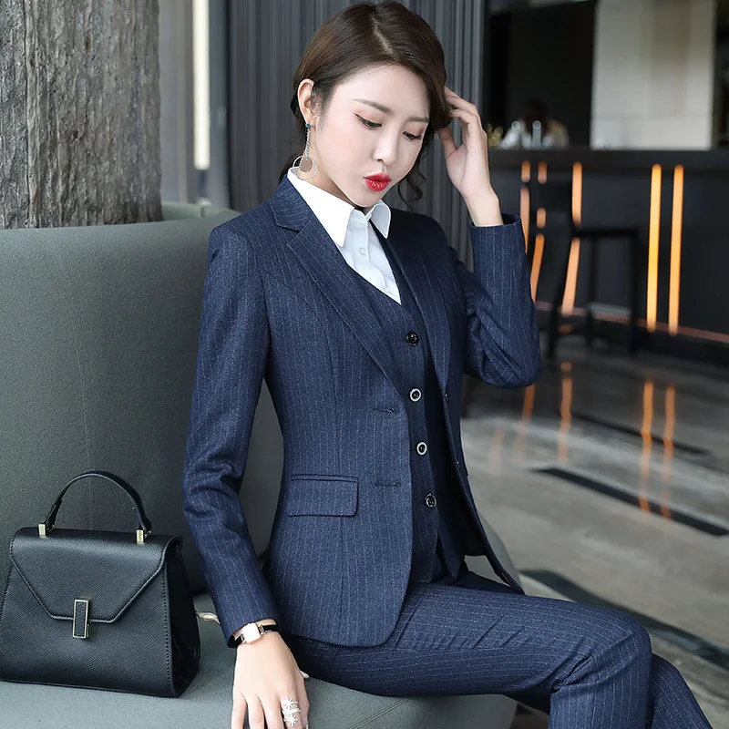 Set female 2021 autumn new temperament striped professional casual women's three-piece suit + vest + trousers elegant fashion