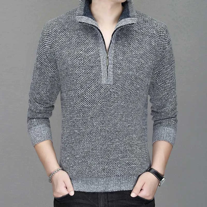 Толстые теплые модные брендовые свитера, мужские пуловеры на молнии, облегающие вязаные Джемперы, зимняя повседневная мужская одежда в Корейском стиле - Цвет: Light Gray