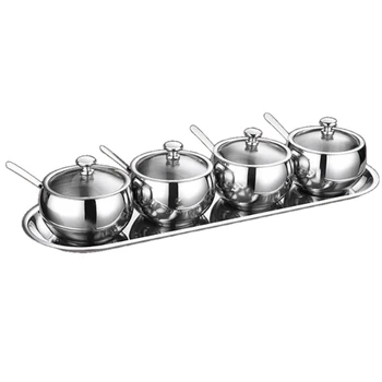 

4 Bottle Stainless Steel Sugar Bowl with Glass Oblique Opening Lid and Sugar Spoon for Home and Kitchen