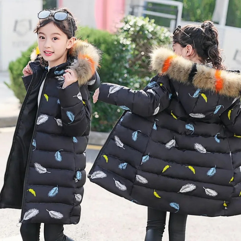 

-20 Degree Children Winter Jacket Girl Clothes Cotton-padded Outerwear Kids Warm Thick Fur Collar Hooded Long Down Coats