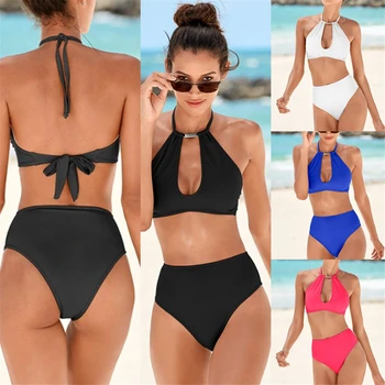 

Sexy Push Up Bikinis 2020 Women Swimsuit Solid Print Bandage Swimwear Sexi bikini Halter Top Beach Wear Bathing Suit Biquini