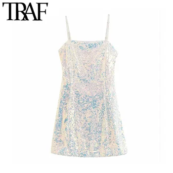

TRAF Women Vintage Sexy Sequins Shiny Mini Dress Fashion Backless Spaghetti Strap Party Female Dresses Chic Vestidos Mujer