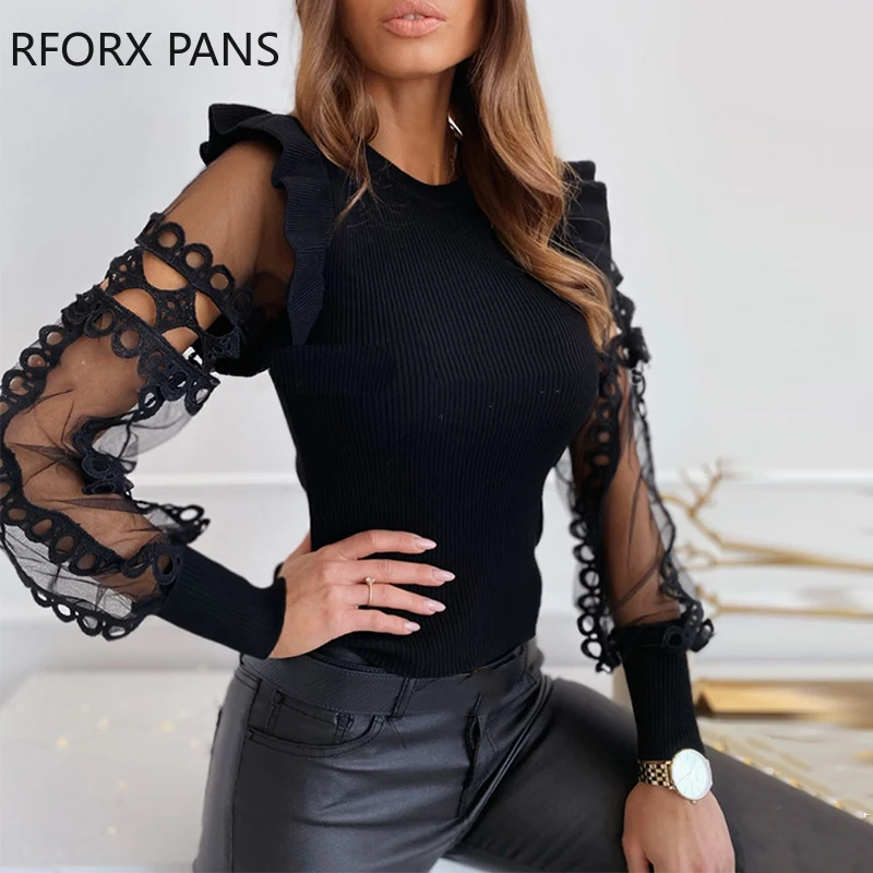 Blusa de malha com renda, blusa frisada feminina