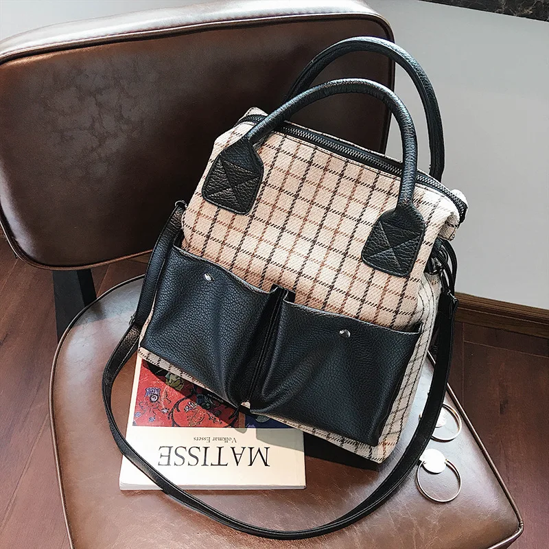 

2019 New Style Woolen Plaid Pillow British Style Double Bib Large Capacity Shoulder Cross-body Handbag