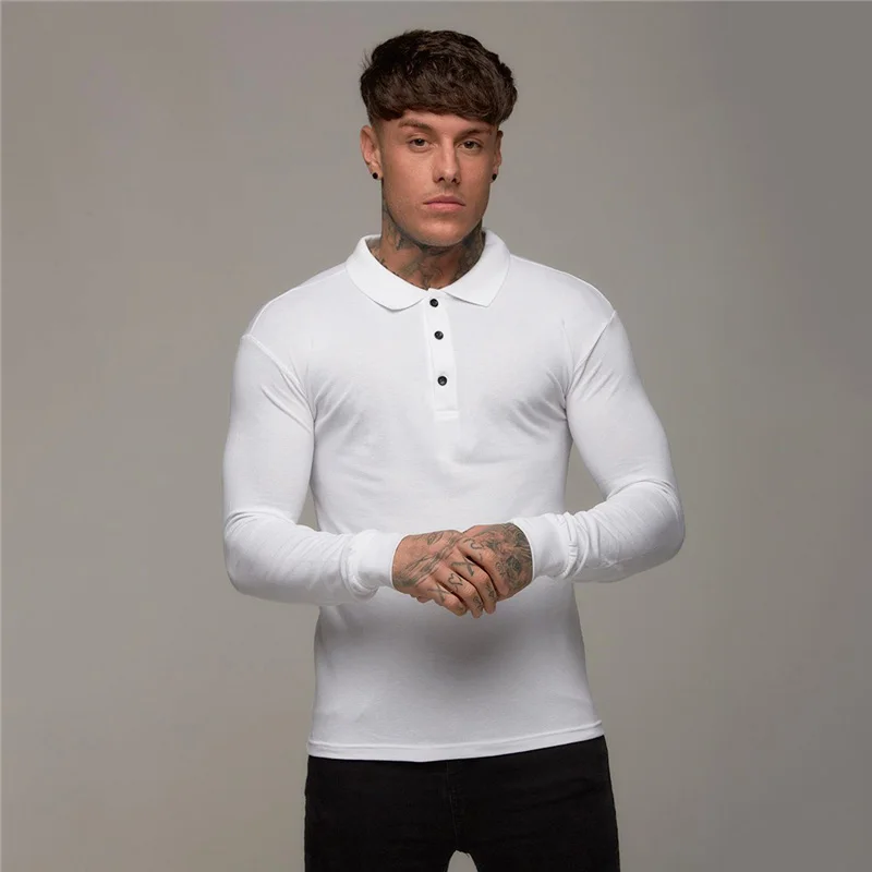 Mens Polo-Shirts Slim-Fit Running Long Sleeve T-shirt Man Cotton Sports Brand Fitness Tshirt Autumn Breathable Gym Polo Shirt - Цвет: Белый