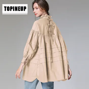 

2020 New Women's Elegant fashion Solid color Big size loose lotus leaf Bandage shirt