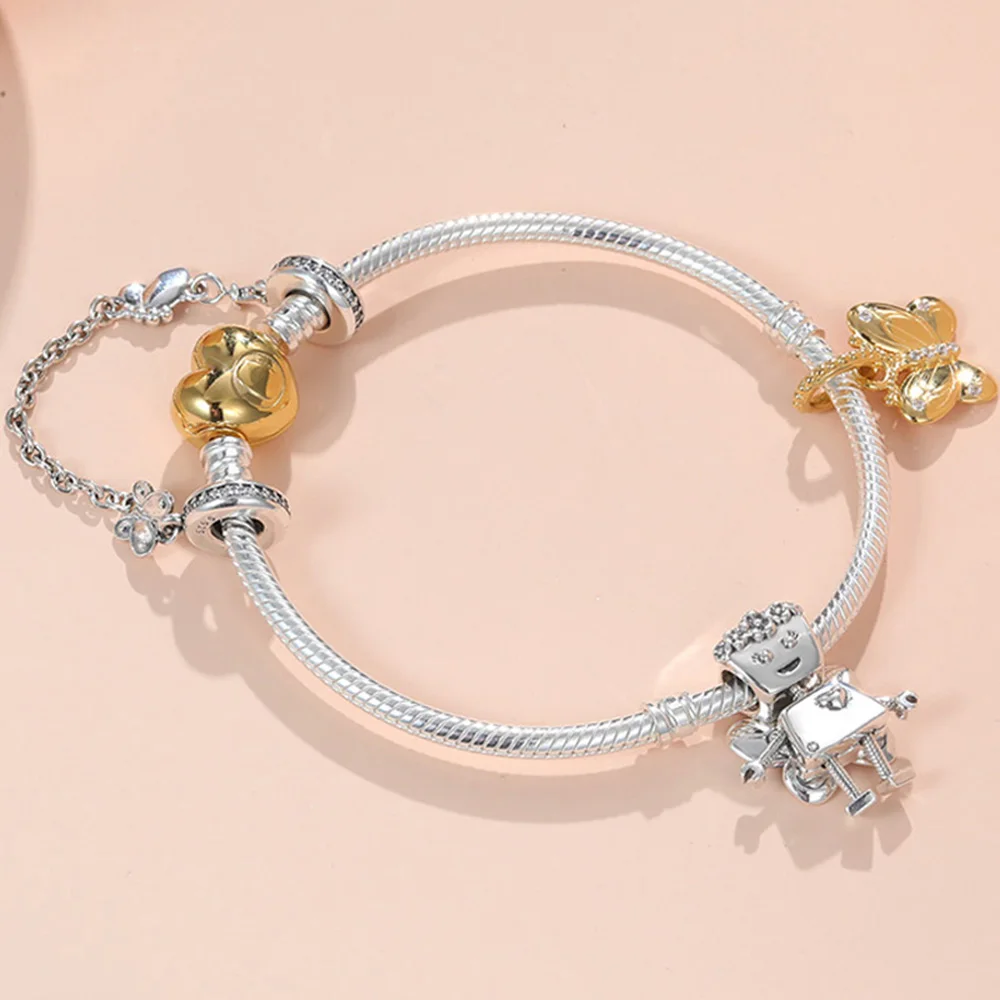 

FAHMI 100% 925 Sterling Silver Shining Kingdee Fairy Creative DIY Beaded Heart Bracelet Set PDL0382 Robot Charm High Quality