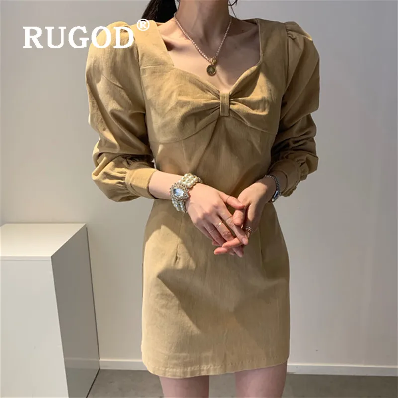 Женское вельветовое платье RUGOD Simplee однотонное в стиле ретро с бантом и длинными