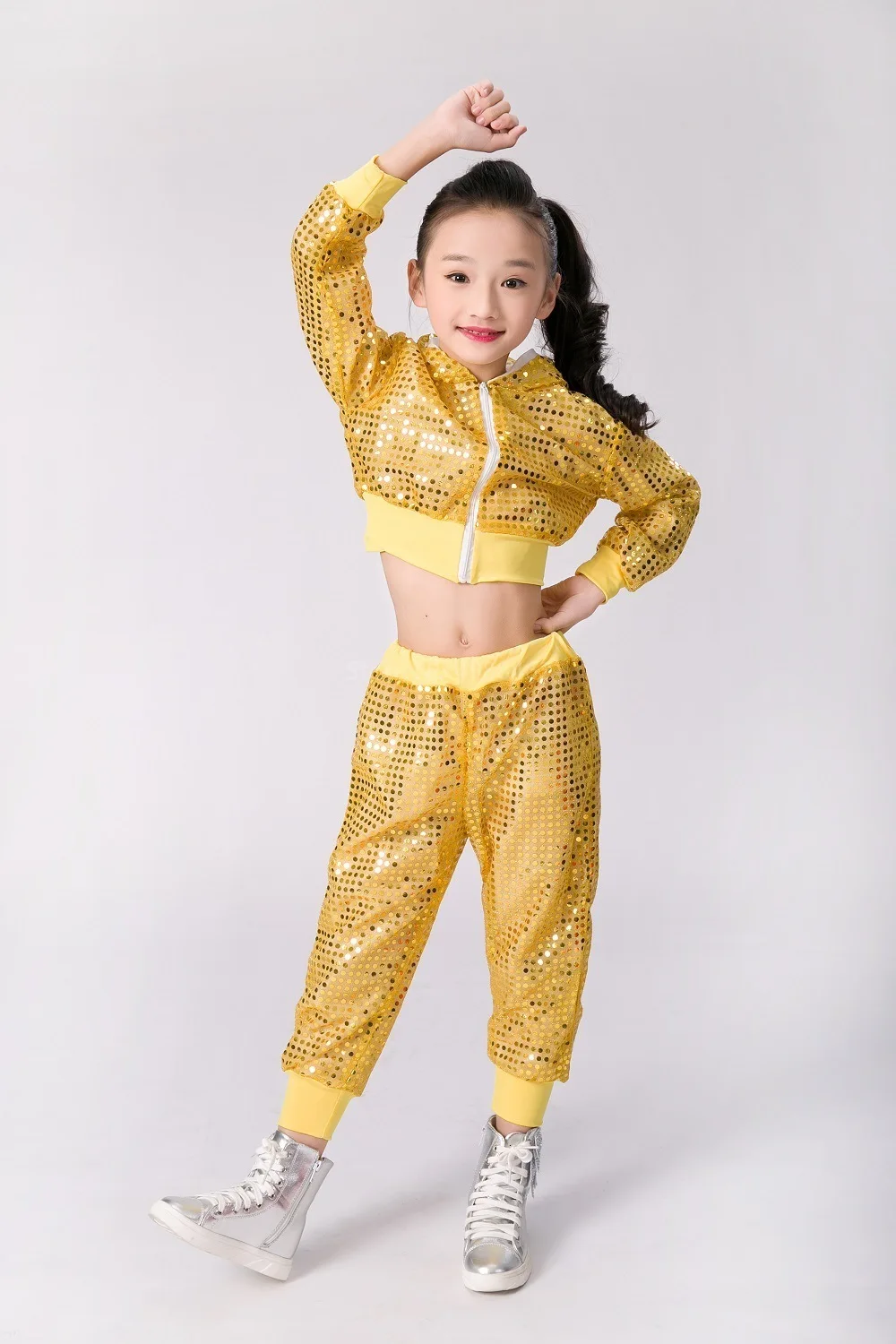 Дети бальный Танцы Джаз танцевальные костюмы Блестящие Блестки сценическая одежда комплект с капюшоном куртка брюки девушки хип хоп танцевальная одежда