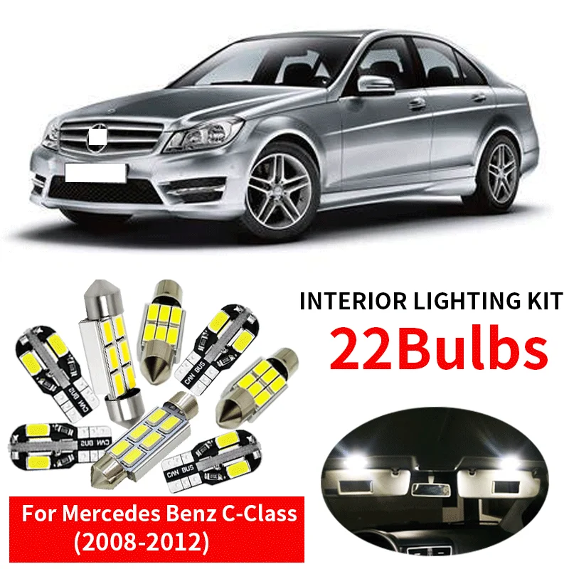 22Pcs White Canbus LED Lamp Car Bulbs Interior Package Kit For 2008-2012 Mercedes Benz C-Class W204 Map Dome Trunk Plate Light