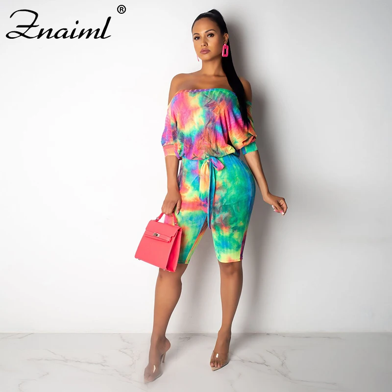 

Womens Lace Up Evening Party Playsuit Ladies Romper short Jumpsuit Women Ladies Femal Tie-dye Off Shoulder Jumpsuits Plus Size