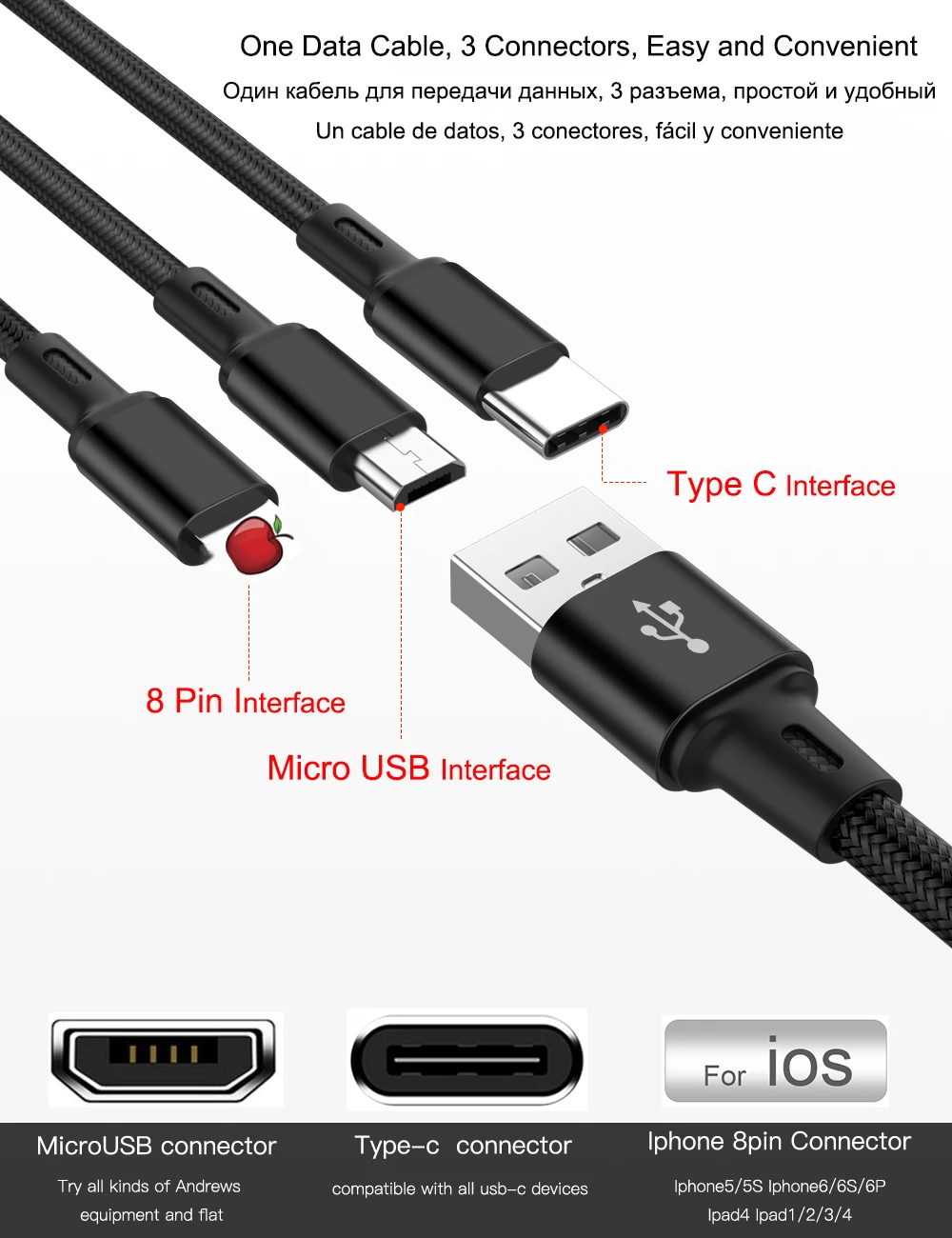 3 в 1 USB кабель для iPhone Xs Max XR X 3.0A кабель для быстрой зарядки Micro usb type-C для samsung S9 Xiaomi huawei Phone USB кабели