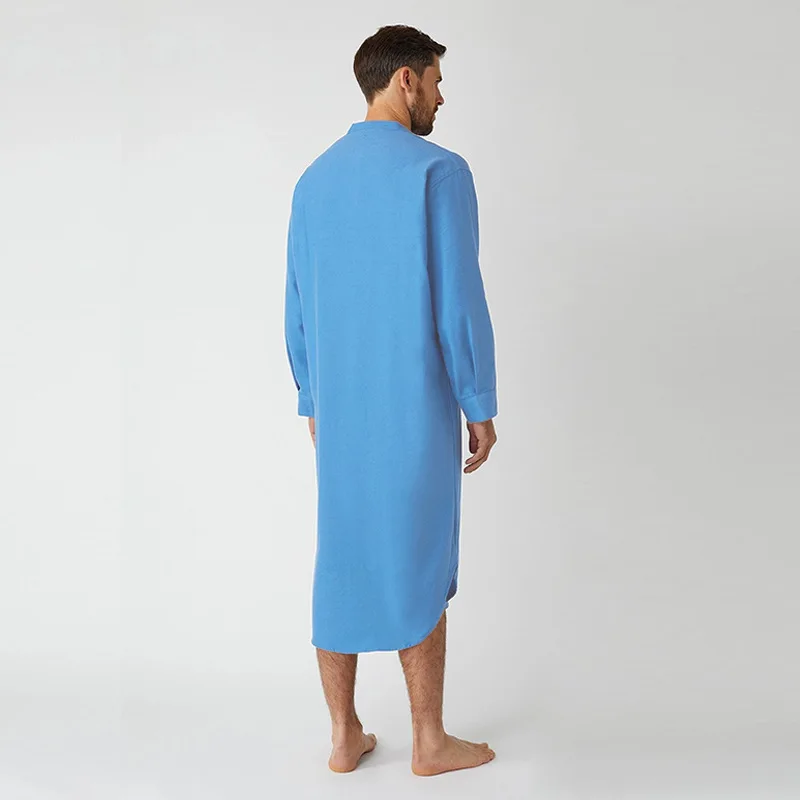 Men Retro Stand Collar Muslim Nightgown Home Wear Long Sleeve Pocket Button-down Solid Color Sleep Robes Leisure