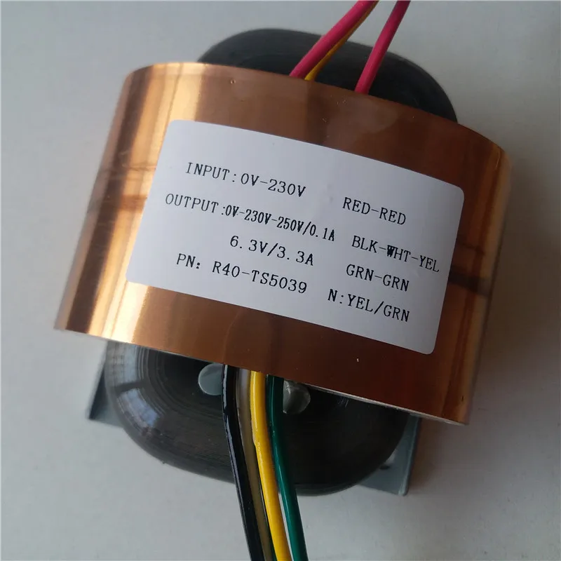 Transformador de Núcleo Feito sob Encomenda Entrada com Amplificador de Potência de Cobre do Escudo r 45va R40 Transformador 2*115 – 230 0-230v-250v 0.1a 6.3 v 3.3a