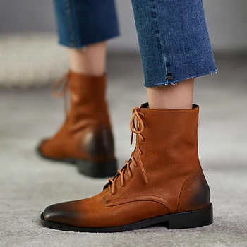 

Fashion Women ShortBoots Genuine Leather Lace Up Ladies Ankle Boots Handmade Soft Leather Autumn Basic Shoes Woman 2020 Autumn