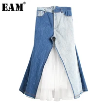 [EAM] Новинка Весна Лето высокая эластичная талия хит цвет синий сетчатый карман сплит-соединение половина тела юбка женская мода волна JW272