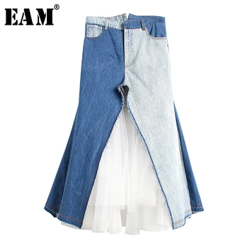 

[EAM] 2020 New Spring Summer High Elastic Waist Hit Color Blue Mesh Pocket Split Joint Half-body Skirt Women Fashion Tide JW272