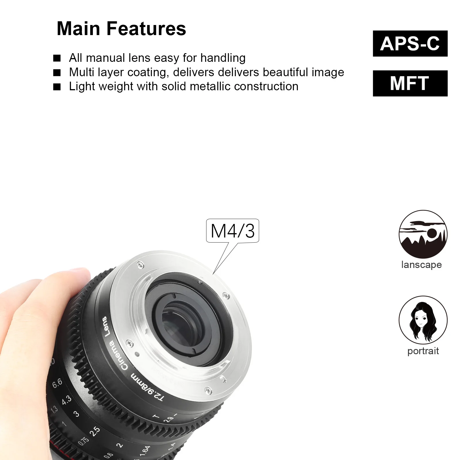 Meike Cine Lens 8mm T2.9 за Micro Four Thirds (MFT, M4/3) Mount Olympus Panasonic Cameras