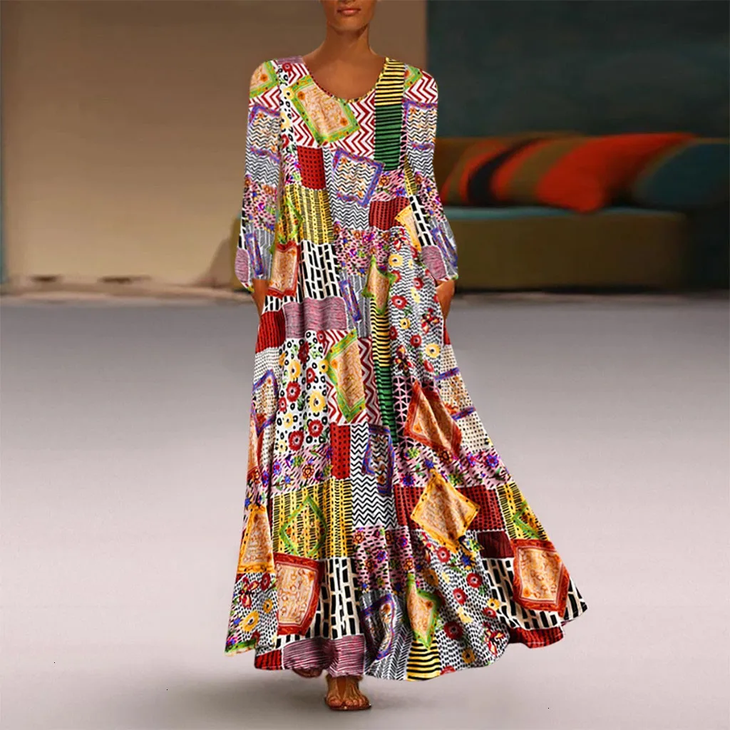 Women Vintage Dress Print Floral Patch Dress Long Sleeve O-Neck Loose Maxi dresses woman party night Elegant Dress robe femme