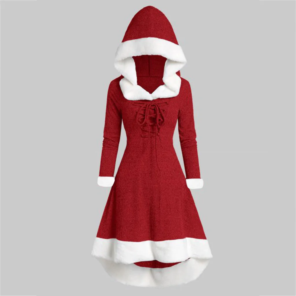 Женское платье с длинным рукавом размера плюс, зима, модные вечерние платья на шнуровке с капюшоном, женские платья для рождественской вечеринки