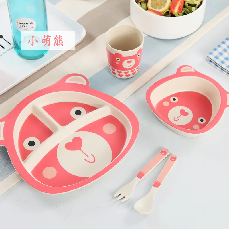 Pink Set Бамбуковое детское блюдо, набор тренировочной посуды для кормления детей, посуда для детей, столовая посуда с чашей, ложка, вилка, тарелка, 5 шт - Цвет: Pink Set