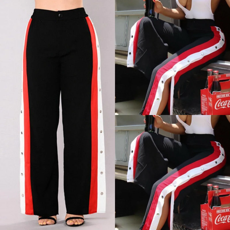Womens Cut Split Side Buttons Wide Leg 