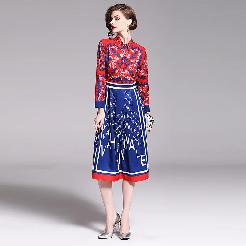 

7593 # Europe And America Fashion Slim Fit Waist Hugging Slimming Versatile Positioning Floral Printed Dress
