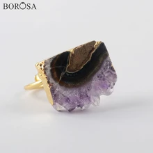 BOROSA 5/10 шт. натуральными аметистами ломтик произвольной формы Золотое кольцо ювелирные кольца с фиолетовыми кристаллами Натуральный камень кольцо Обручальные кольца G1935