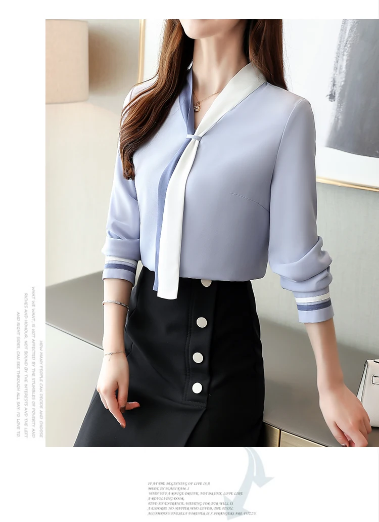 بلوزات شيفون نسائية كلاسيكية بأكمام طويلة ورقبة على شكل حرف V ، بلوزات فضفاضة ، ملابس غير رسمية ، أحادية اللون ، أنيقة ، مكتب ، خريف