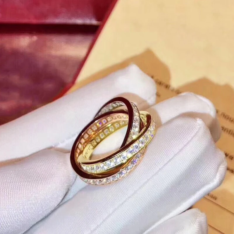 Brand Pure 925 Sterling Silver Jewelry For Women 3 Circle Cross Rings Silver Wedding 3 Color Rings Engagement Full Stone Rings