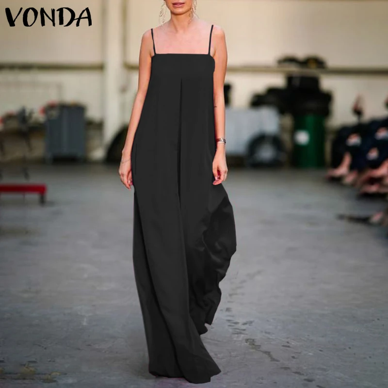 

Casual Rompers Fashion Playsuits Women Solid Jumpsuits Straps Overalls VONDA 2020 Female Vintage Elegant Rpmpers Suspenders 5XL