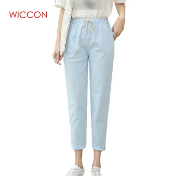 

New Women Casual Summer Autumn Big Size Long Trousers Solid Elastic Waist Cotton Linen Pants Ankle Length Haren Pants