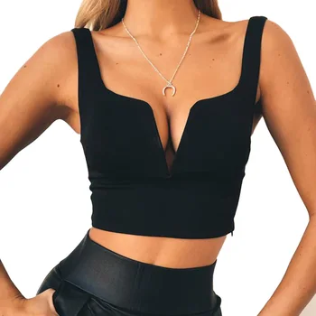 

Backless Plain Crop Top Zipper Sexy Deep V Women Tanks multicolor Clubwear sleeveless Short top