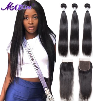 

3pcs Straight Hair Bundles With Closure Brazilian Remy Human Hair Weave Bundles With Closure Hair Extensions Natural Color