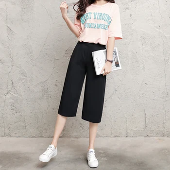 

Nonis Women Summer Thin Cool Elastic High Waist Ankle Length Pants Capris Female 2019 Chiffon Straight Solid Black Pants Casual