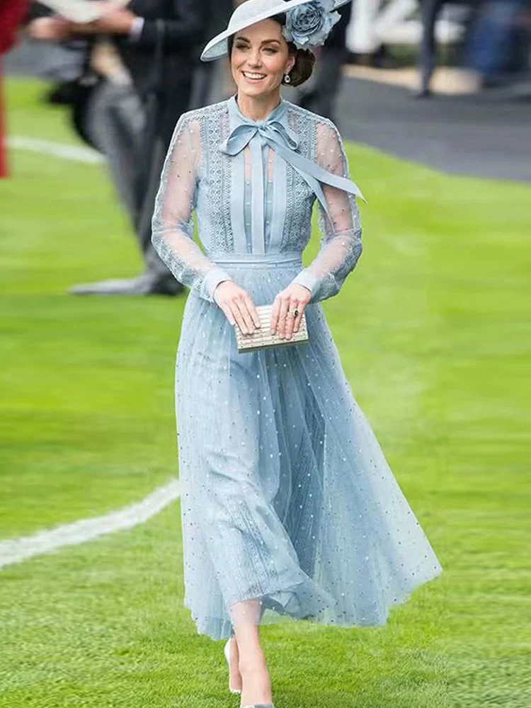 Kate Middleton/ г.; Новинка; сезон осень; в европейском и американском стиле; высококачественные дизайнерские модные вечерние платья в горошек; Цвет Синий